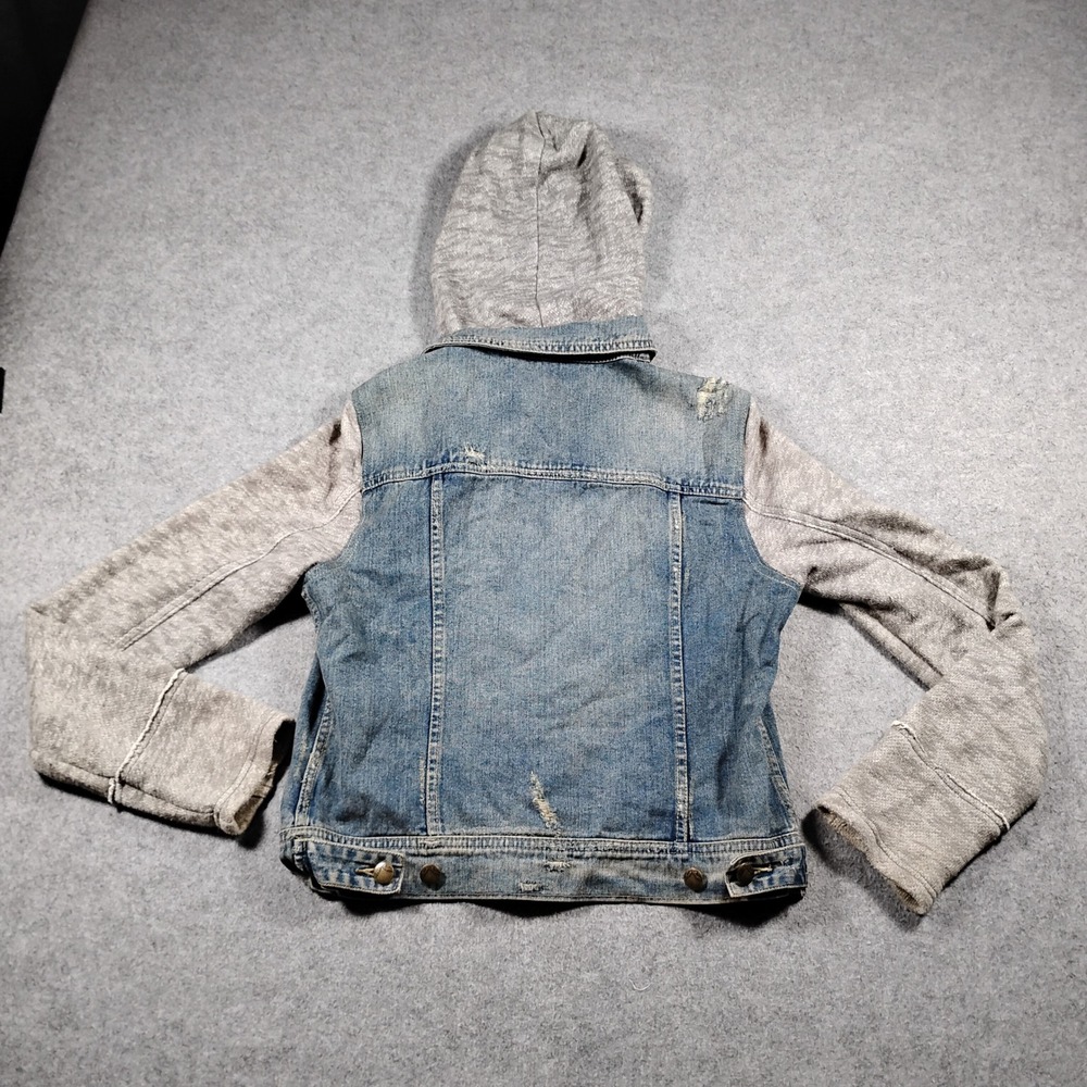 Free People Women's Blue Knit Hooded Denim Jacket Combo Distressed Size M - Picture 9 of 11